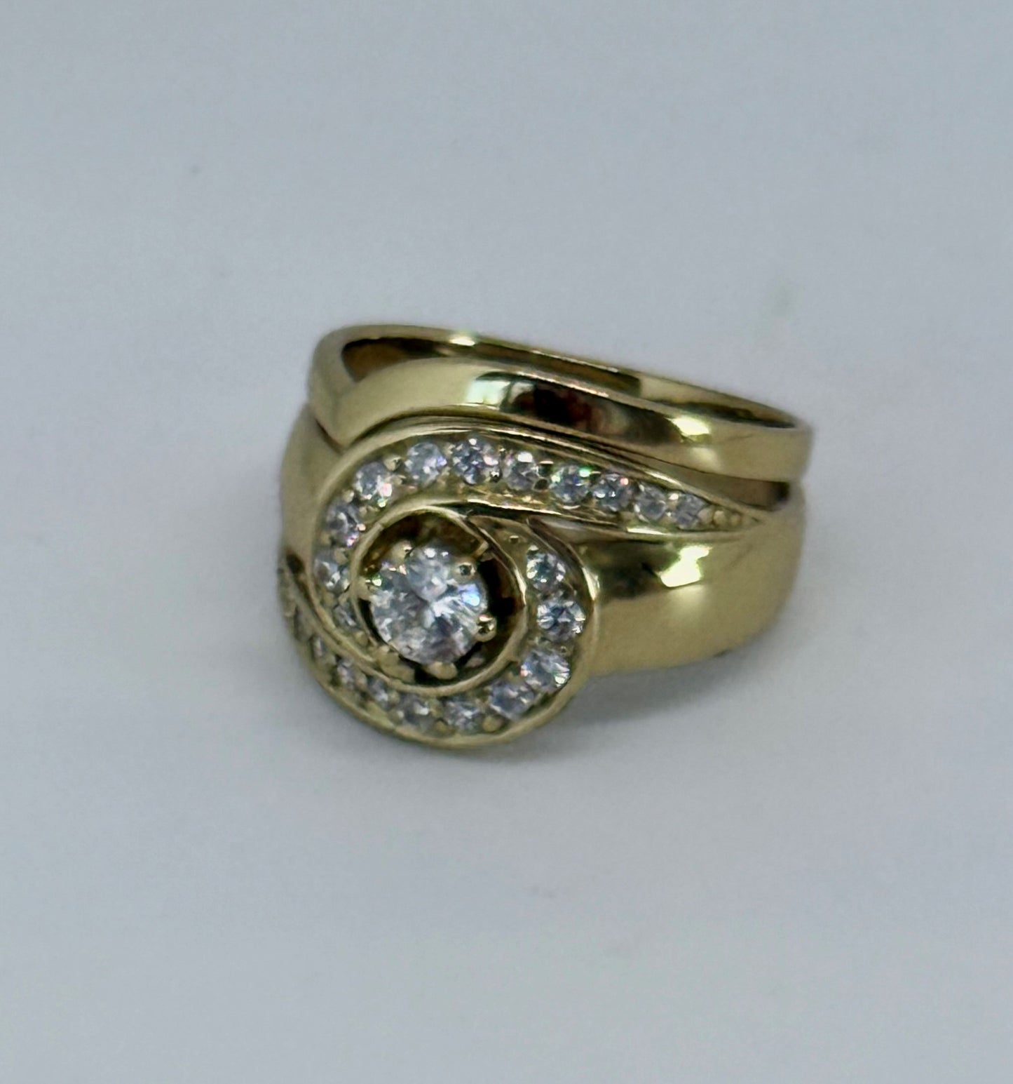 Brass wedding ring with band and cubic zirconia stone