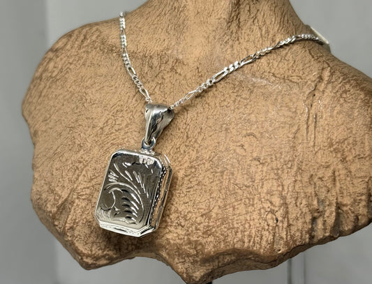 Sterling silver 925 square locket with engraved leaf patterns