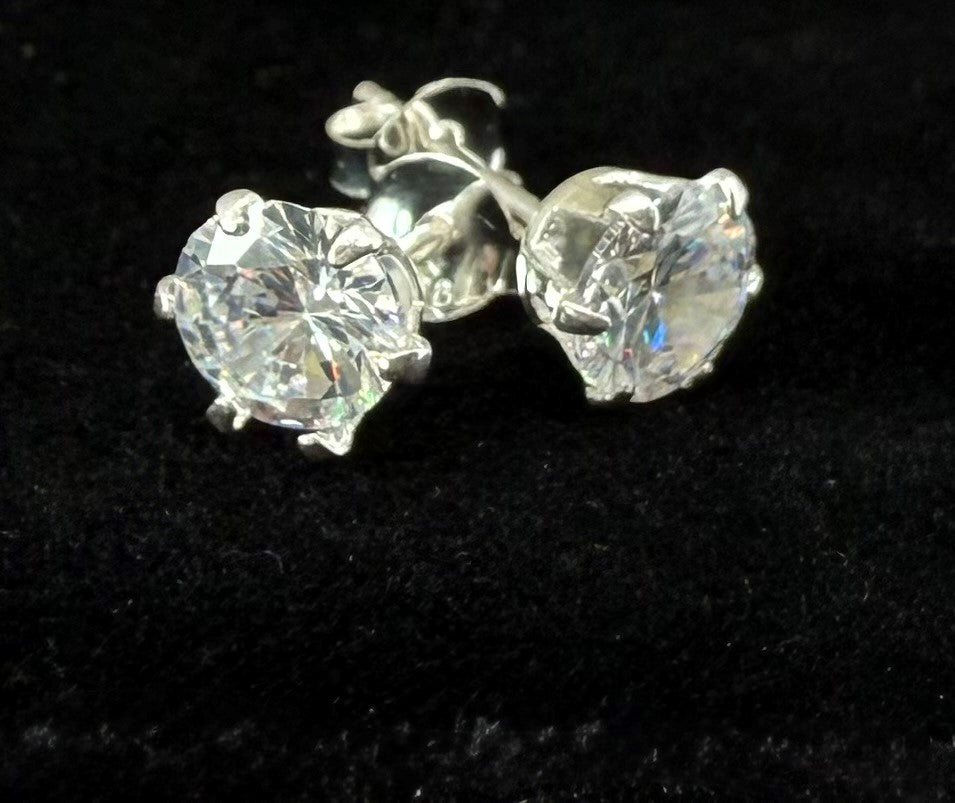 Sterling Silver 925, white stone, cubic zirconia round stud earrings