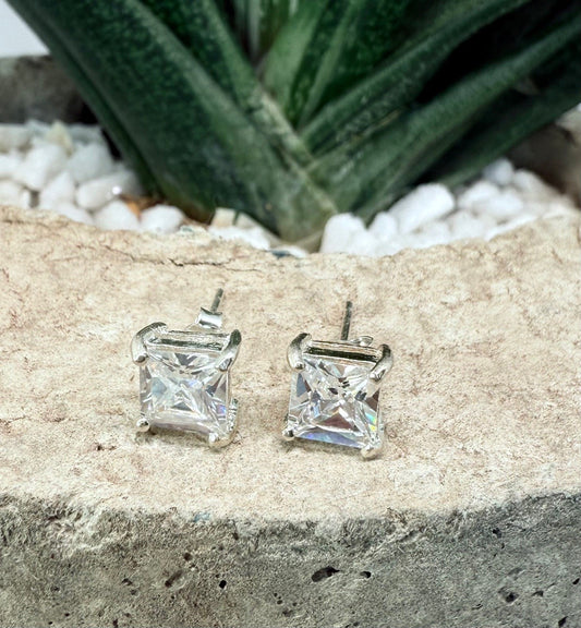 Sterling Silver 925, white stone, cubic zirconia square stud earrings
