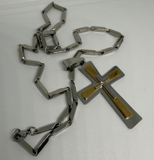 Stainless steel 3D chain and two tone cross pendant